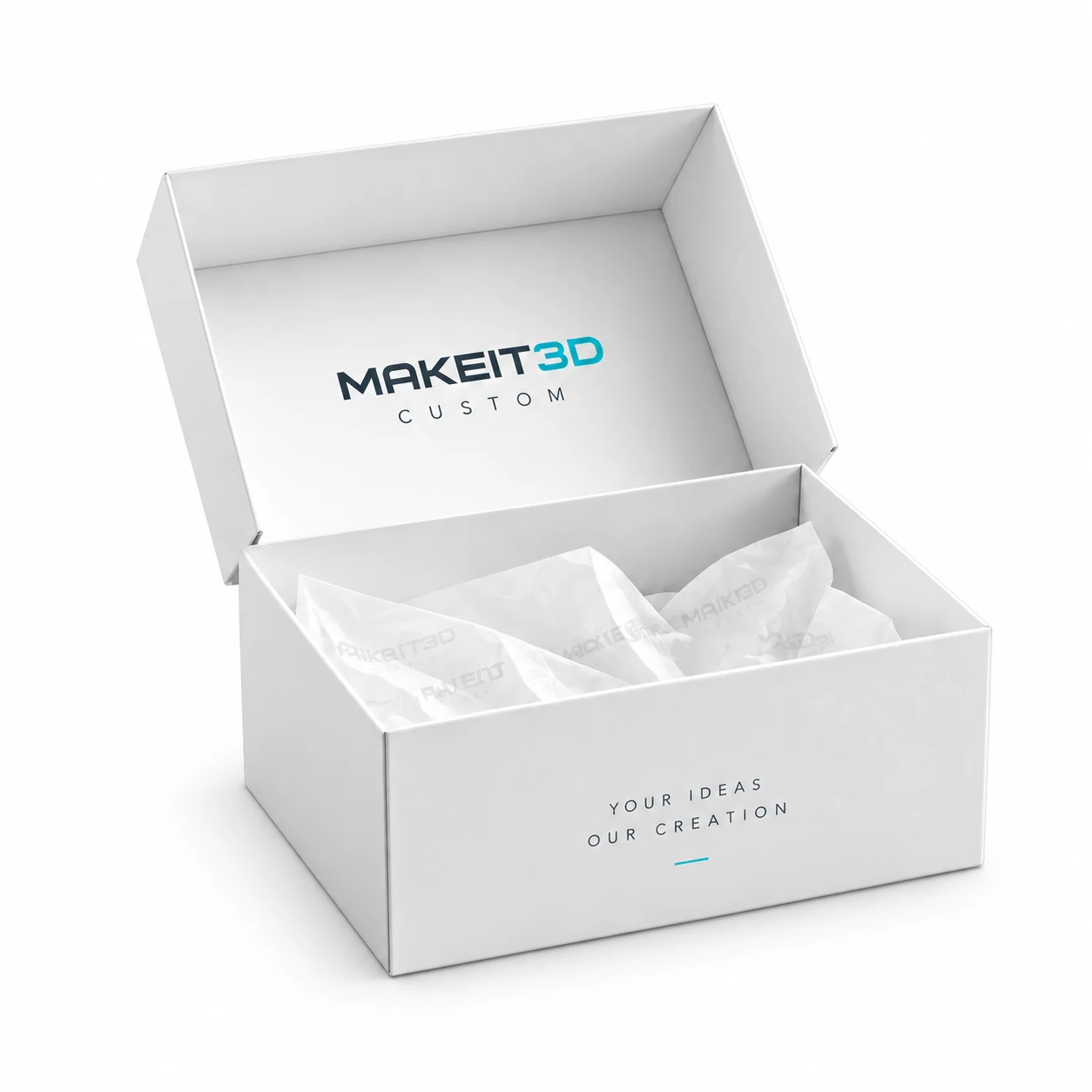 קופסת MAKEIT3D CUSTOM לבנה פתוחה, מוכנה להרכבת מארז אישי